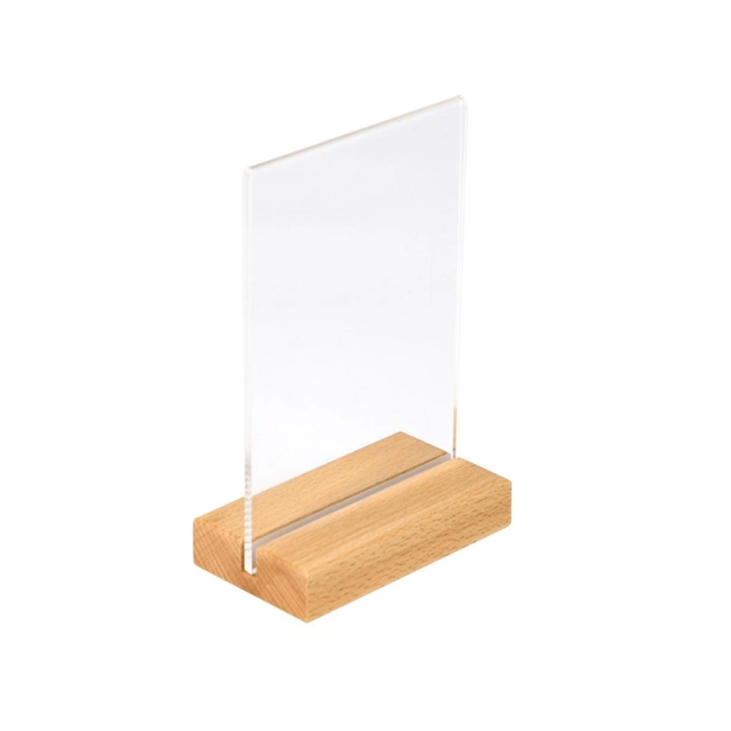 PORTA MENÚ ACRÍLICO CON BASE DE MADERA – Creative